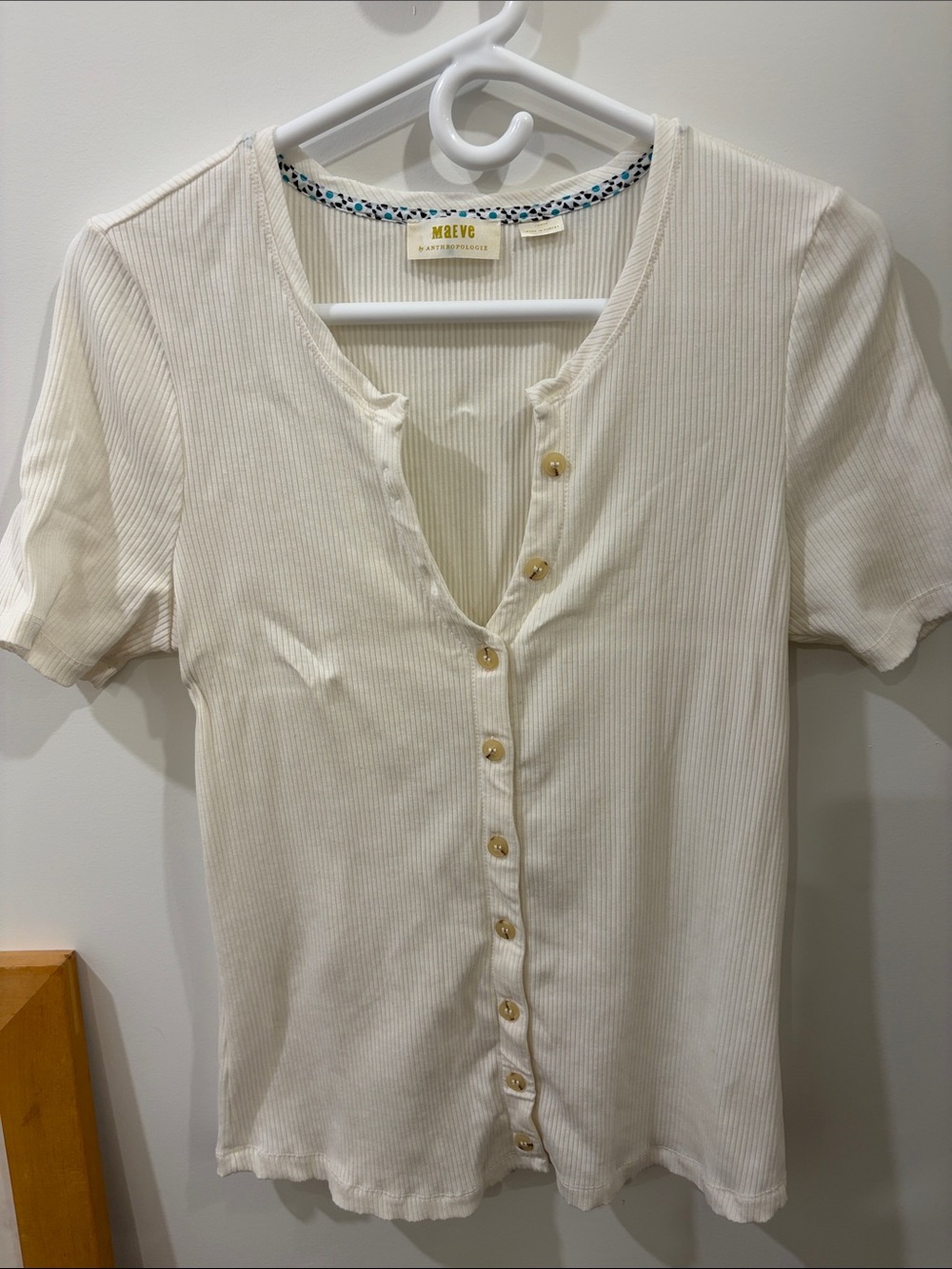 Maeve Cream Ribbed Button-Front Short Sleeve Top